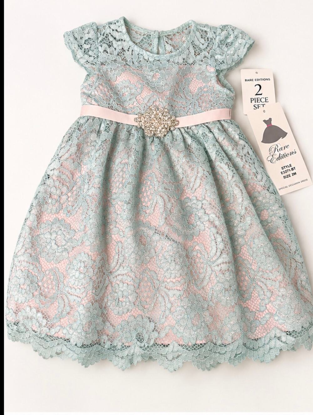 Rare Editions Girls 24M Mint & Pink Lace Special Occasion Dress 2-Piece Set NWT